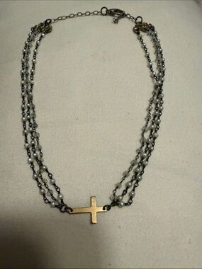 Multi-Strand Pearl Cross Necklace - Gold Cross